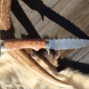 TIGER STRIPE DAMASCUS BLADE WITH EXHIBITION GRADE THUYA BURL WOOD FILE WORKED BLADE