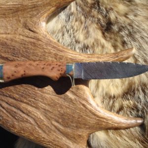 TIGER STRIPE DAMASCUS BLADE WITH EXHIBITION GRADE THUYA BURL WOOD FILE WORKED BLADE