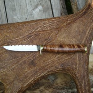 CARBON STEEL TIGER CORAL WITH TIGER MAPLE HANDLE DROP POINT BIRD TROUT CUSTOM KNIFE WITH FILE WORKED BLADE