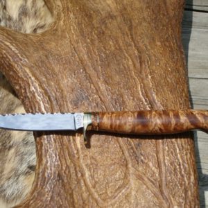 CARBON STEEL TIGER CORAL WITH TIGER MAPLE HANDLE DROP POINT BIRD TROUT CUSTOM KNIFE WITH FILE WORKED BLADE