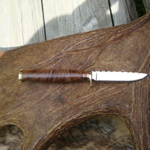 CARBON STEEL TIGER CORAL WITH TIGER MAPLE HANDLE DROP POINT BIRD TROUT CUSTOM KNIFE WITH FILE WORKED BLADE