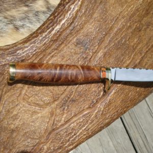 CARBON STEEL TIGER CORAL WITH TIGER MAPLE HANDLE DROP POINT BIRD TROUT CUSTOM KNIFE WITH FILE WORKED BLADE