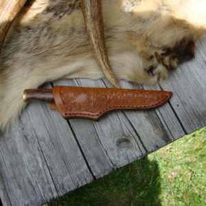 CARBON STEEL TIGER CORAL WITH TIGER MAPLE HANDLE DROP POINT BIRD TROUT CUSTOM KNIFE WITH FILE WORKED BLADE