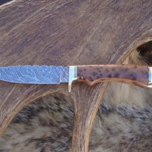 TIGER STRIPE DAMASCUS BLADE WITH EXHIBITION GRADE THUYA BURL WOOD FILE WORKED BLADE