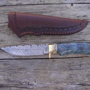 Tiger Damascus Blade with blue dyed maple burl and Mammoth Tooth handle File worked blade