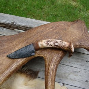 FLINT KNAPPED OSIDIAN BLADE CARVED ANTLER HANDLE KNIFE