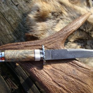 BOXELDER WITH WARTHOG TUSK HANDLE DAMASCUS BOWIE WITH FILE WOORK