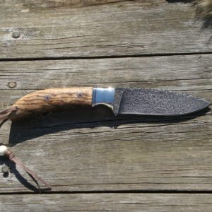 CUSTOM ZERBRA WOOD HANDLE DAMASCUS DROP POINT EXTENSIVE FILE WOR