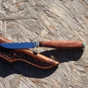 CARBON STEEL AUSTRALIAN BROWN MALLE BURL WOOD HANDLE WITH SNAKEWOOD SPACER FILE WORKED BLADE
