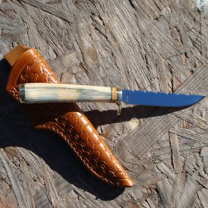 AFRICAN THEMED CAPE BUFFALO AND GIRAFFE BONE HANDLE FILE WORKED TOOL STEEL BLADE BIRD TROUT KNIFE
