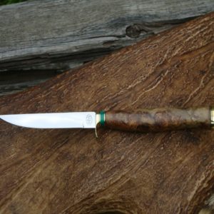 MAPLE BURL WOOD HANDLE BIRD TROUT KNIFE WITH SPIDER WEB MALACHITE STONE SPACER CARBON TOOL STEEL BLADE