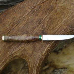 MAPLE BURL WOOD HANDLE BIRD TROUT KNIFE WITH SPIDER WEB MALACHITE STONE SPACER CARBON TOOL STEEL BLADE