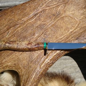MAPLE BURL WOOD HANDLE BIRD TROUT KNIFE WITH SPIDER WEB MALACHITE STONE SPACER CARBON TOOL STEEL BLADE