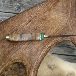 PECKY CYPRESS WITH EMRALD RESIN HANDLE TWIST DAMASCUS FILE WORKED BLADE HUNTER