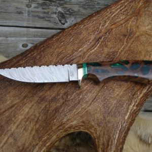 PECKY CYPRESS WITH EMRALD RESIN HANDLE TWIST DAMASCUS FILE WORKED BLADE HUNTER