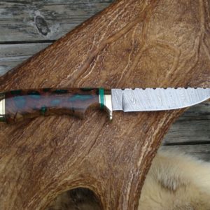 PECKY CYPRESS WITH EMRALD RESIN HANDLE TWIST DAMASCUS FILE WORKED BLADE HUNTER