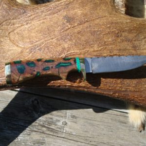 PECKY CYPRESS WITH EMRALD RESIN HANDLE TWIST DAMASCUS FILE WORKED BLADE HUNTER