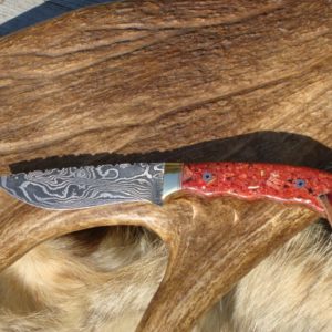 RED FOSSIL CORAL MATRIX HANDLE DAMASCUS BLADE CUSTOM HUNTER