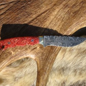 RED FOSSIL CORAL MATRIX HANDLE DAMASCUS BLADE CUSTOM HUNTER