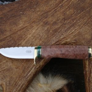 REDWOOD LACE BURL HANDLE WITH MAMMOTH TOOTH SPACER, FILE WORKED SCANDI GRIND TOOL STEEL BLADE