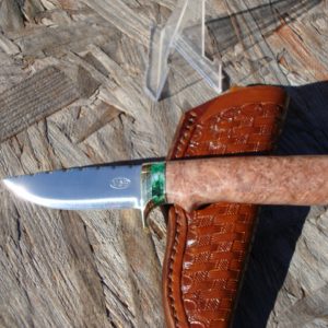 REDWOOD LACE BURL HANDLE WITH MAMMOTH TOOTH SPACER, FILE WORKED SCANDI GRIND TOOL STEEL BLADE