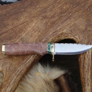 REDWOOD LACE BURL HANDLE WITH MAMMOTH TOOTH SPACER, FILE WORKED SCANDI GRIND TOOL STEEL BLADE