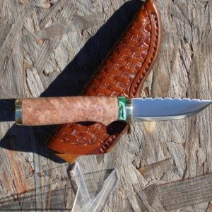 REDWOOD LACE BURL HANDLE WITH MAMMOTH TOOTH SPACER, FILE WORKED SCANDI GRIND TOOL STEEL BLADE