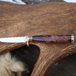CARBON TOOL STEEL BLADE HONDURAN ROSEWOOD WITH APPLE CORAL HANDLE BIRD TROUT KNIFE WITH FILE WORK