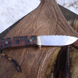 Loveless style tapered tang drop point with emerald green filled banksia pod handle