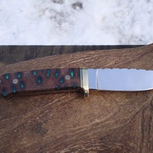 Loveless style tapered tang drop point with emerald green filled banksia pod handle