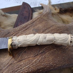 carved stag 6 bears twist pattern damascus bowie with file work