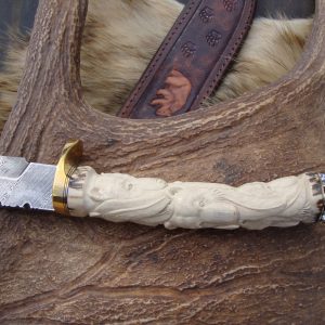 carved stag 6 bears twist pattern damascus bowie with file work