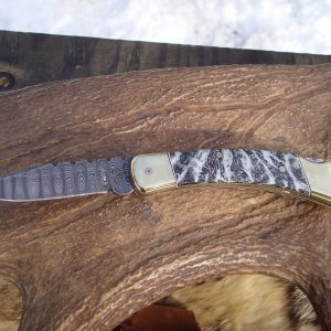 Custom Buck 110 Damascus blade fossil coral handle pocket knife full file worked knife