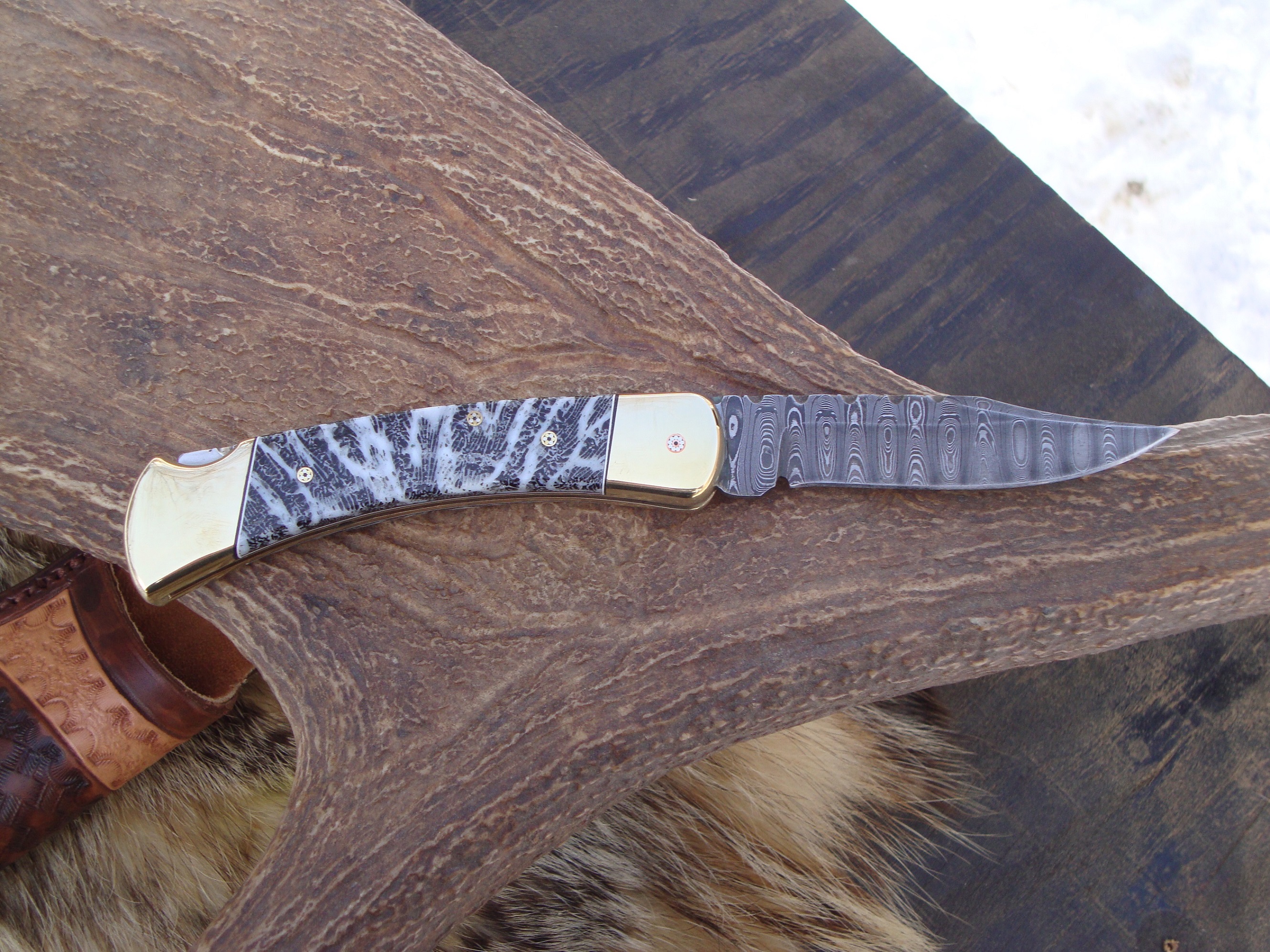 Custom Buck 110 Damascus blade fossil coral handle pocket knife full file worked knife