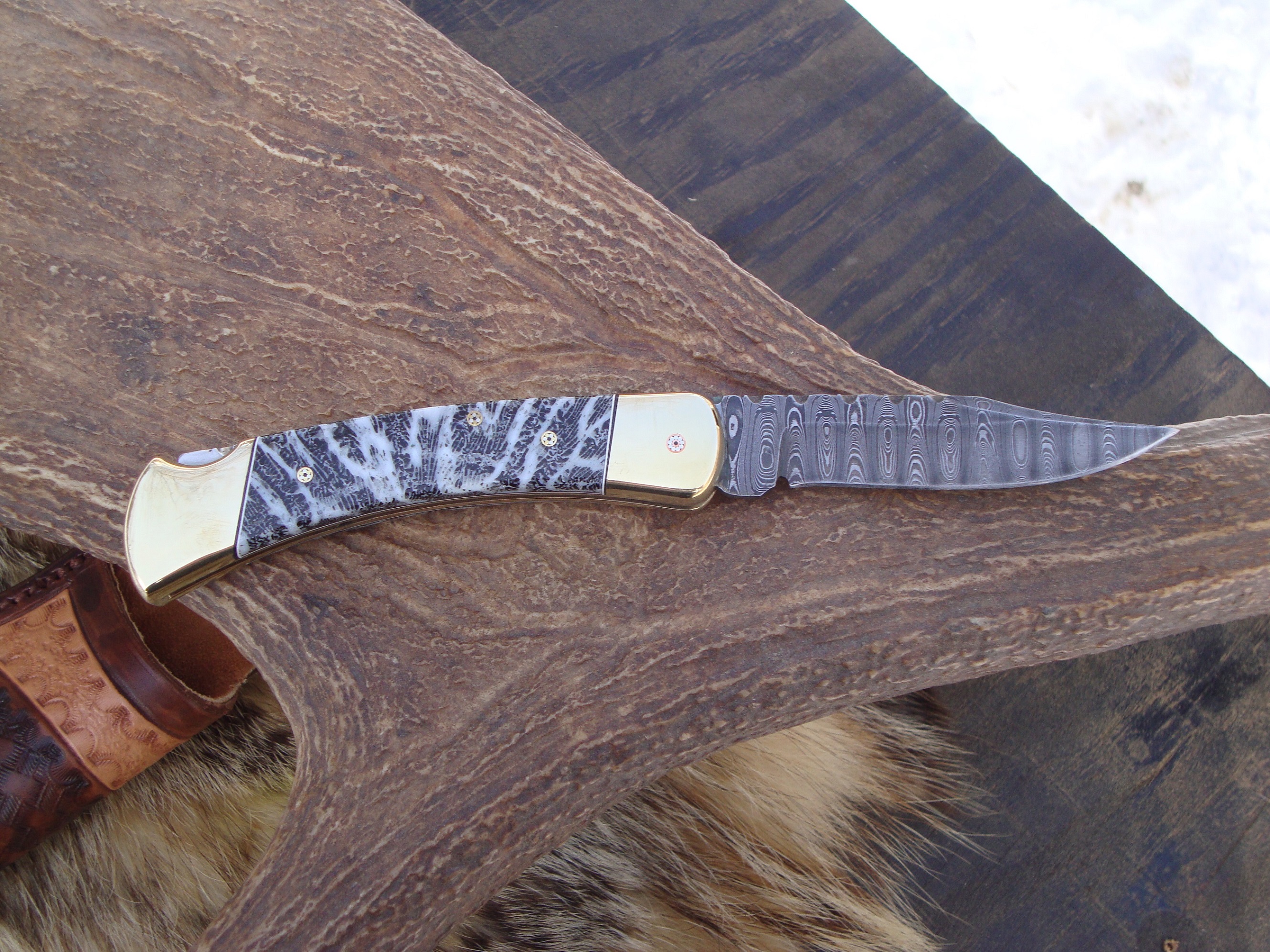 Custom Buck 110 Damascus blade fossil coral handle pocket knife full file  worked knife - MAB Custom Knives