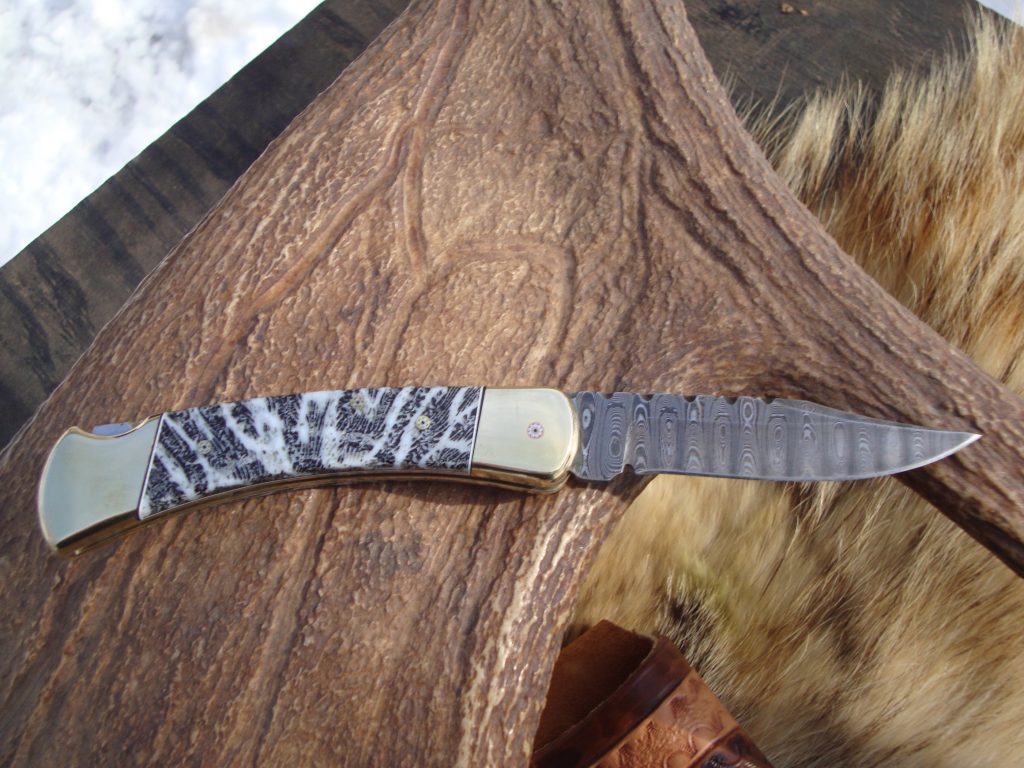 Custom Buck 110 Damascus blade fossil coral handle pocket knife full file  worked knife - MAB Custom Knives