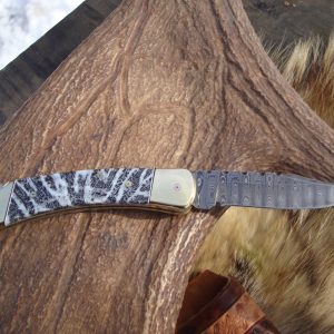 Custom Buck 110 Damascus blade fossil coral handle pocket knife full file worked knife