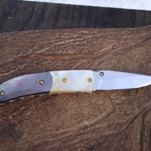 custom pocket knife with mother of pearl and black lip pearl