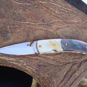 custom pocket knife with mother of pearl and black lip pearl