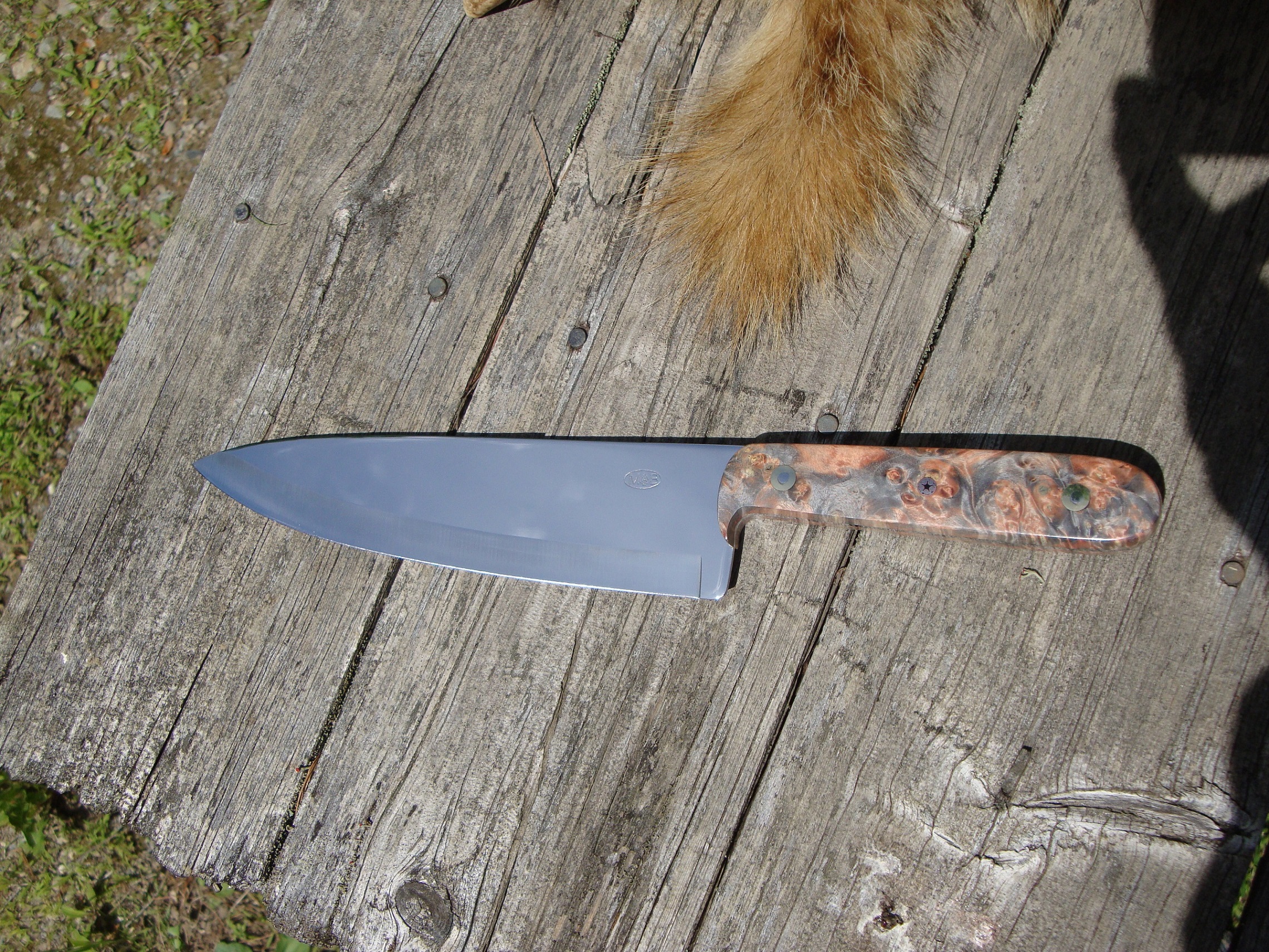 Custom Chef knife AUS8A Steel Blade with Double Dyed Boxelder Burl Handle