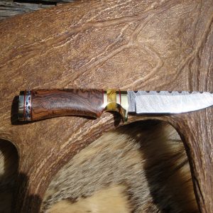 TIGER DAMASCUS BLADE WITH RARE BOCOTE HEAVY BURL WOOD AND COPAL AMBER HANDLE