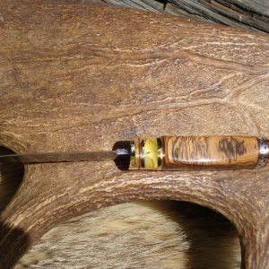 TIGER DAMASCUS BLADE WITH RARE BOCOTE HEAVY BURL WOOD AND COPAL AMBER HANDLE