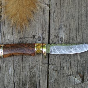 TIGER DAMASCUS BLADE WITH RARE BOCOTE HEAVY BURL WOOD AND COPAL AMBER HANDLE