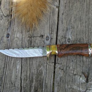 TIGER DAMASCUS BLADE WITH RARE BOCOTE HEAVY BURL WOOD AND COPAL AMBER HANDLE