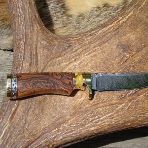 TIGER DAMASCUS BLADE WITH RARE BOCOTE HEAVY BURL WOOD AND COPAL AMBER HANDLE