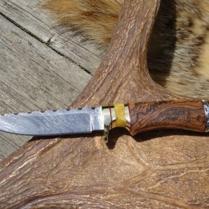TIGER DAMASCUS BLADE WITH RARE BOCOTE HEAVY BURL WOOD AND COPAL AMBER HANDLE