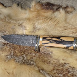 CUSTOM  MOSAIC DAMASCUS STRIPED EBONY AND LEOPARD JASPER HANDLE