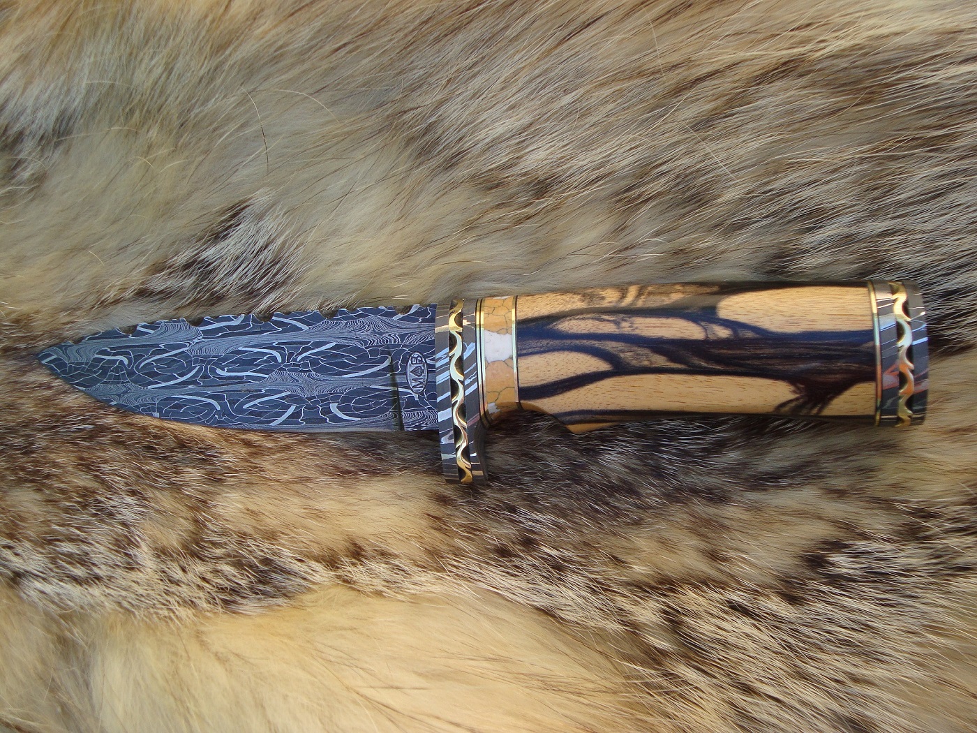 CUSTOM  MOSAIC DAMASCUS STRIPED EBONY AND LEOPARD JASPER HANDLE