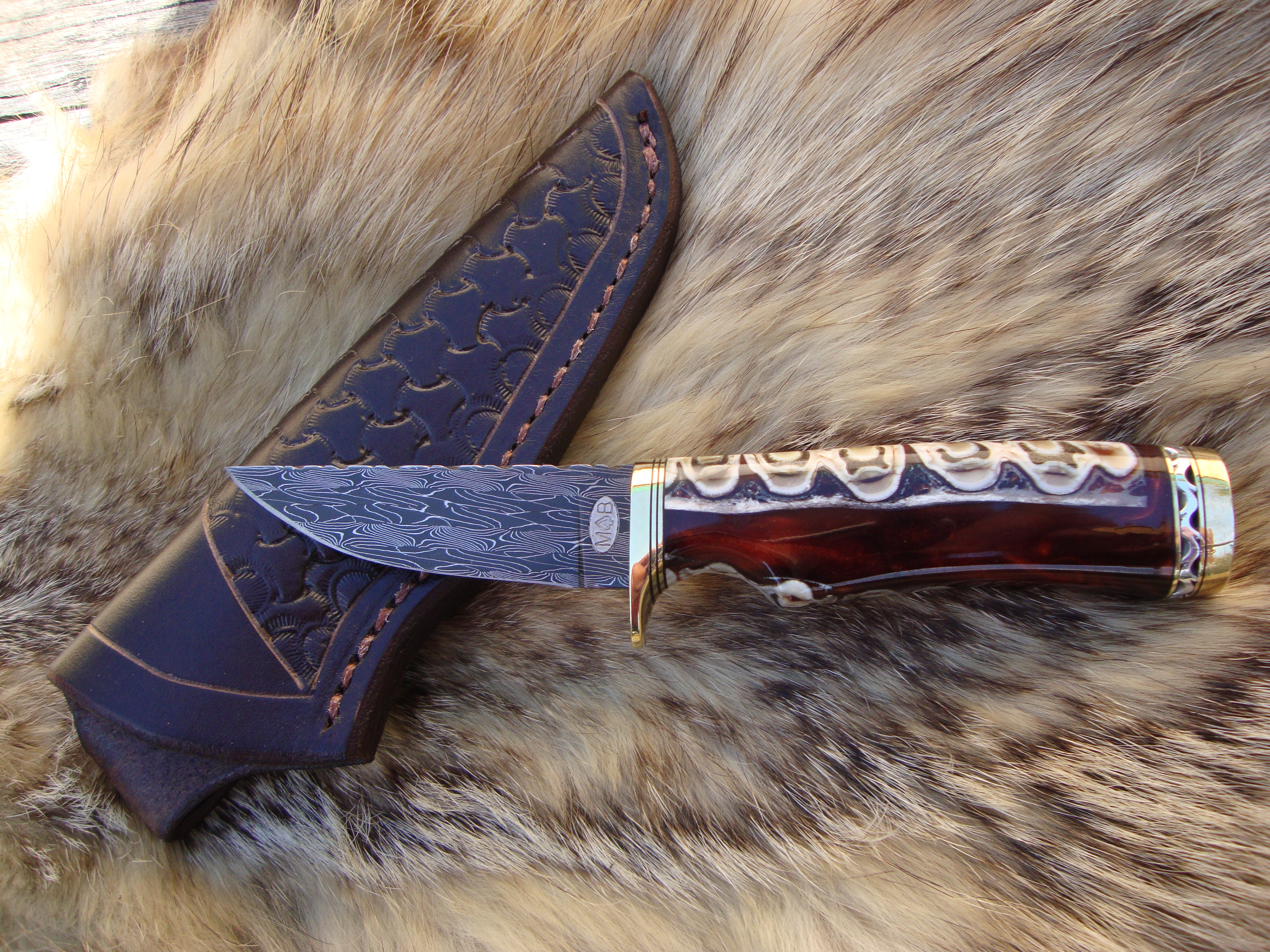 Wildebeest Jaw Bone Handle Mosaic Damascus Blade Bird Trout Knife File Worked