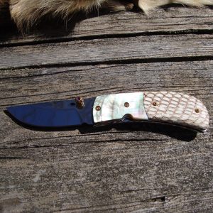 Custom Pocket Knife with Black lip pearl and python snake skin handles